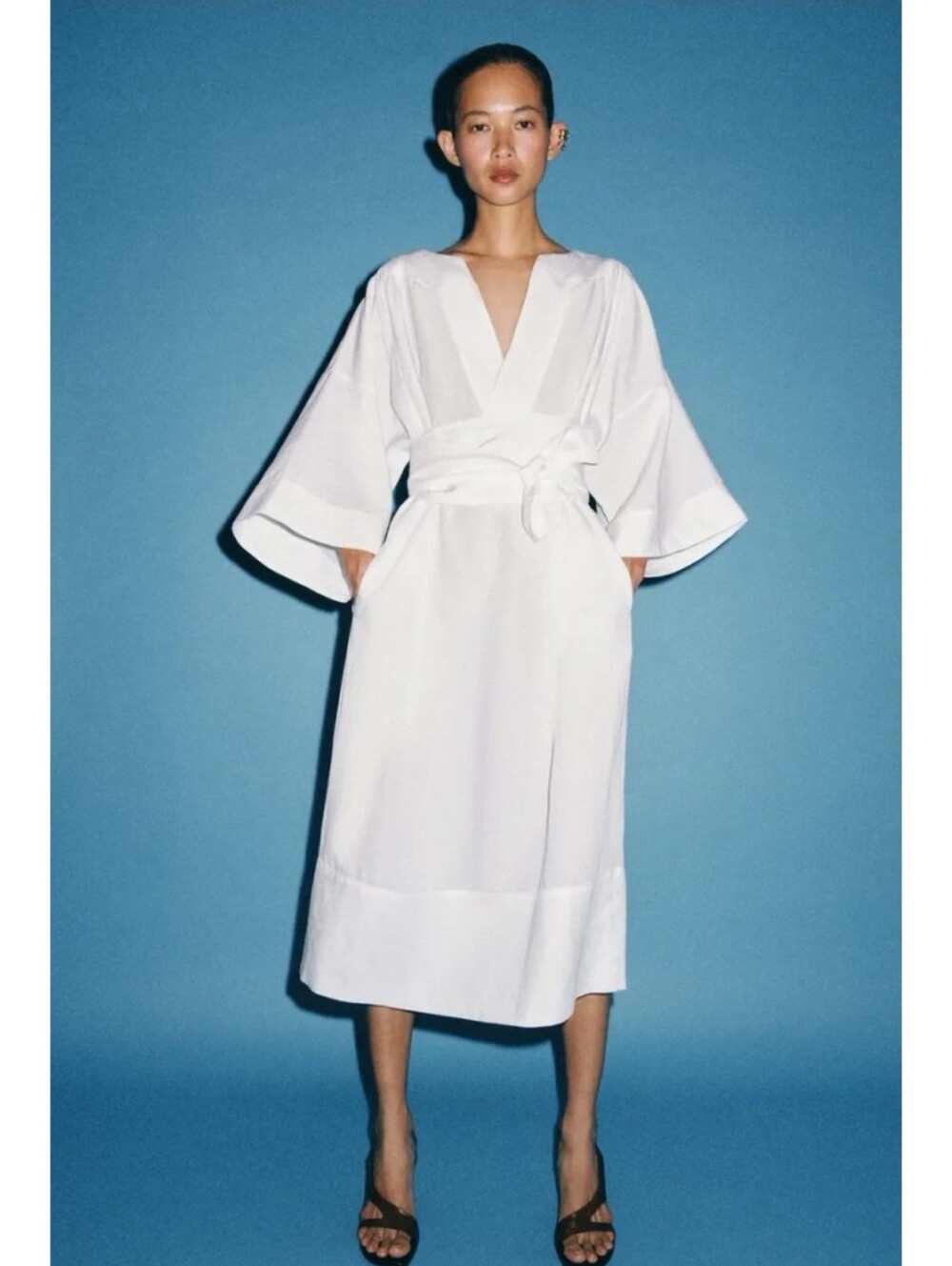 Zara Zw Colection Linen Blend Coastal Tunic Midi Dress with Long Tie Belt - Picture 3 of 16